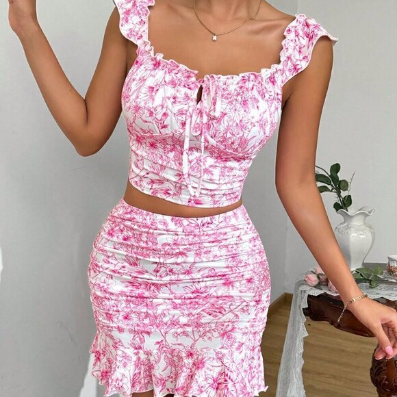 Boho Women's Ruffle Trim Ruffled 2-Piece Set Pink - Picture 2 of 6